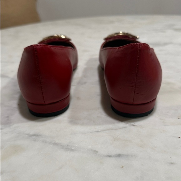 Valentino by Mario Valentino Red Leather Pointed Flats with Gold V Logo Plaque - Picture 3 of 5